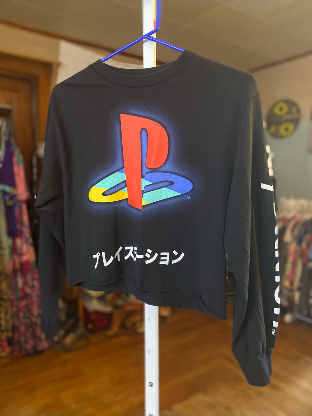 Sony Black Long-Sleeve PlayStation Logo Tee with Multicolor Emblem